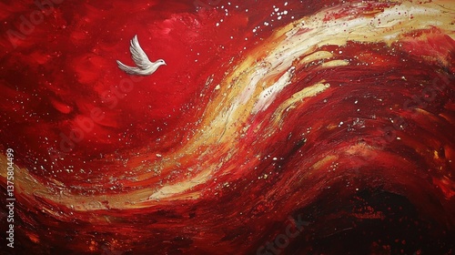 White dove flying through a vibrant red and gold abstract swirl  
