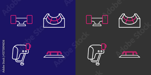 Set line Skateboard stairs with rail, helmet, park and wheel icon. Vector