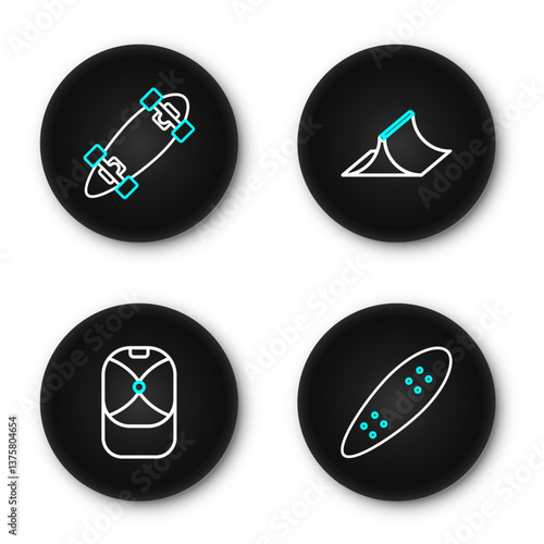 Set line Longboard or skateboard, Baseball cap, Skate park and icon. Vector