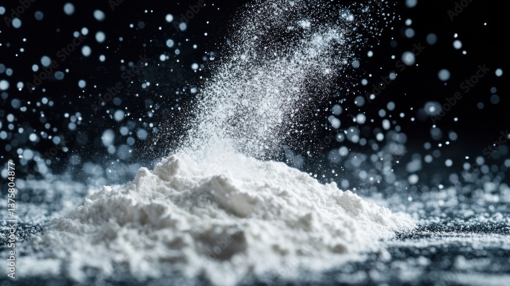 A close-up image of white powder being poured, creating a cloud of fine particles against a dark background. A close-up image of white powder being poured, creating a cloud of fine particles against a dark background.