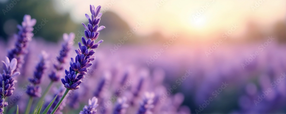 Fototapeta premium Lavender field with a tranquil mood glowing under sunset light against a blurred background with copy space