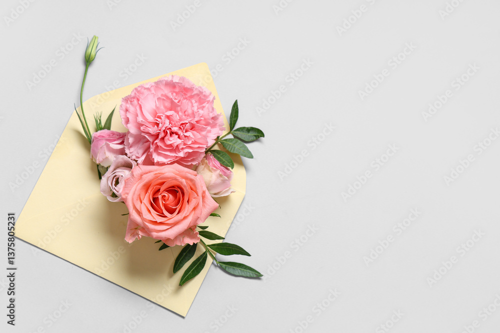 Fototapeta premium Composition with envelope and beautiful flowers on grey background