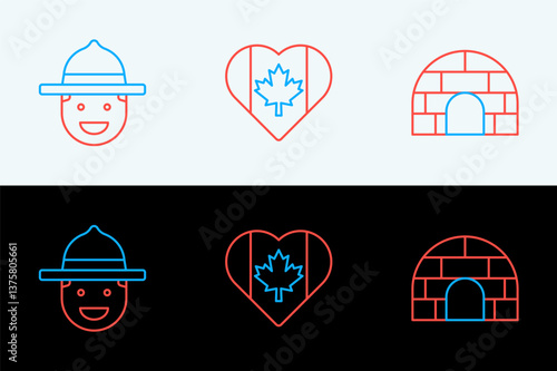 Set line Igloo ice house, Canadian ranger hat and Heart shaped Canada flag icon. Vector