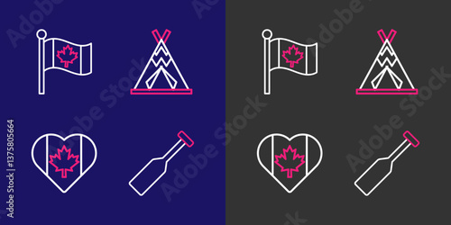 Set line Paddle, Heart shaped Canada flag, Indian teepee or wigwam and Flag of icon. Vector
