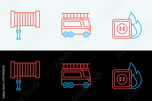 Set line Electric wiring of socket in fire, Fire hose reel and truck icon. Vector