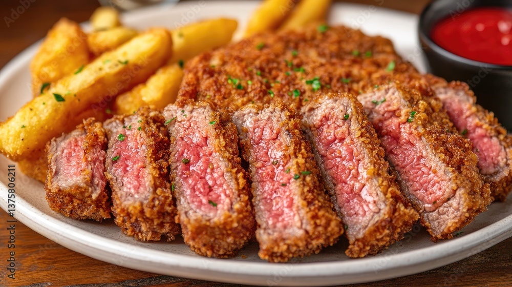 A deep-fried golden brown chicken fried steak cut into slices, showing its juicy inside. A deep-fried golden brown chicken fried steak cut into slices, showing its juicy inside.