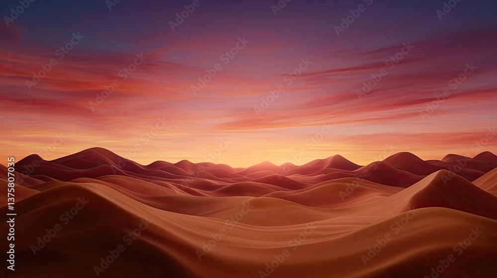 Naklejka premium Desert dunes sunset serene landscape with vibrant horizon and soft fog concept. Stunning sunset over rolling desert sand dunes with vibrant colors.