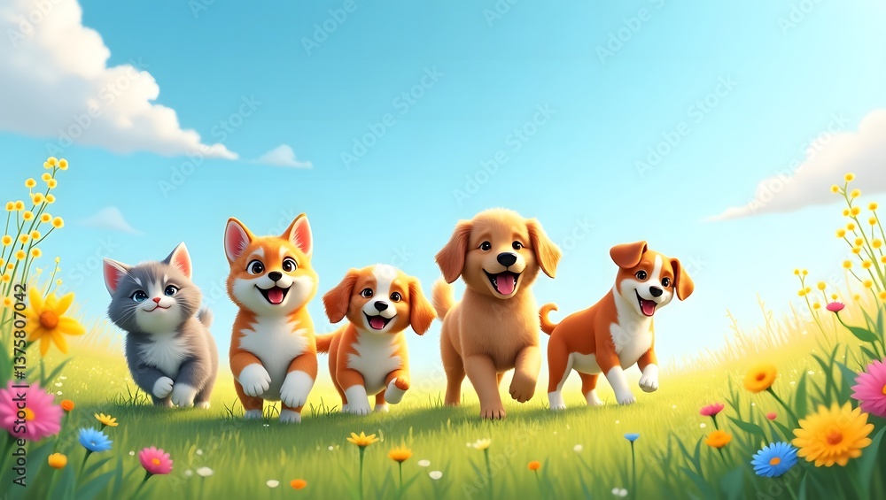 Fototapeta premium group of pets two cats and a couple of dogs walking on the grass in a sunny summer meadow