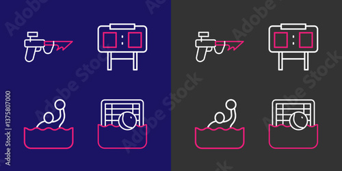 Set line Water polo, Sport mechanical scoreboard and Fishing harpoon icon. Vector