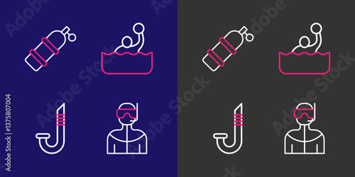 Set line Wetsuit for scuba diving, Snorkel, Water polo and Aqualung icon. Vector