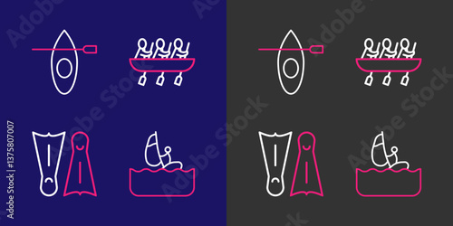 Set line Windsurfing, Flippers for swimming, Canoe rowing team sports and Kayak and paddle icon. Vector