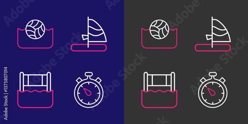 Set line Stopwatch, Water volleyball net, Windsurfing and polo icon. Vector