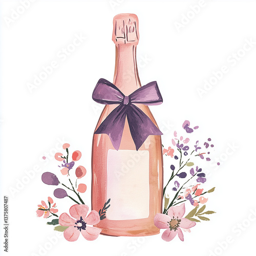 Pink Champagne Prosecco Bottle - Watercolor Illustration of Sparkling Rosé Wine with Gold Top and Bow