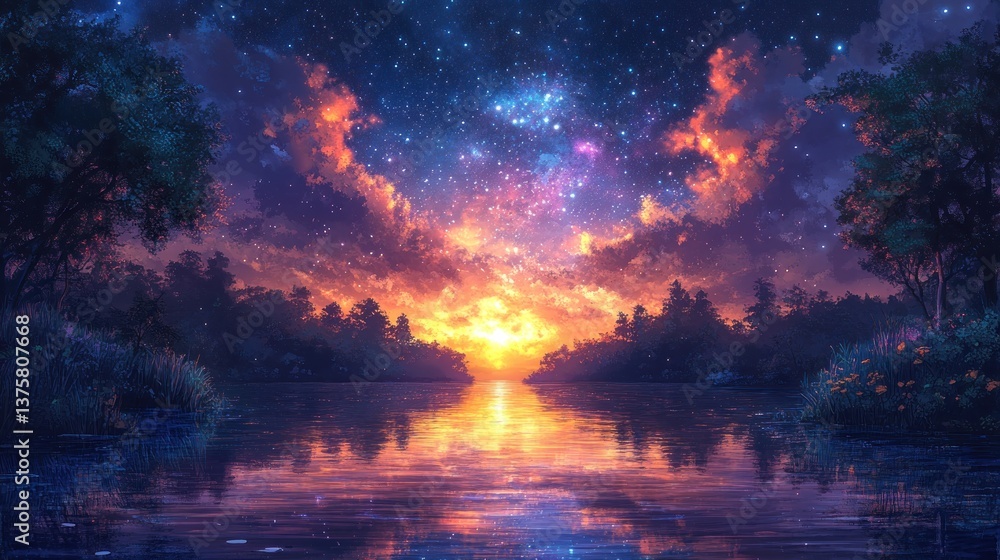 Fototapeta premium Starry sunset over a tranquil lake in a forest