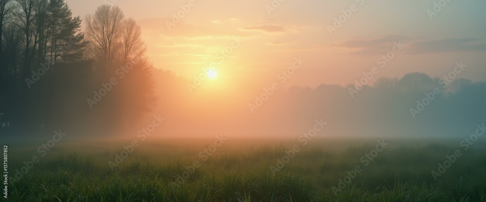 Fototapeta premium Misty Meadow Sunrise: A Tranquil Landscape with Lush Green Grass and Silhouetted Trees Bathed in Golden Light