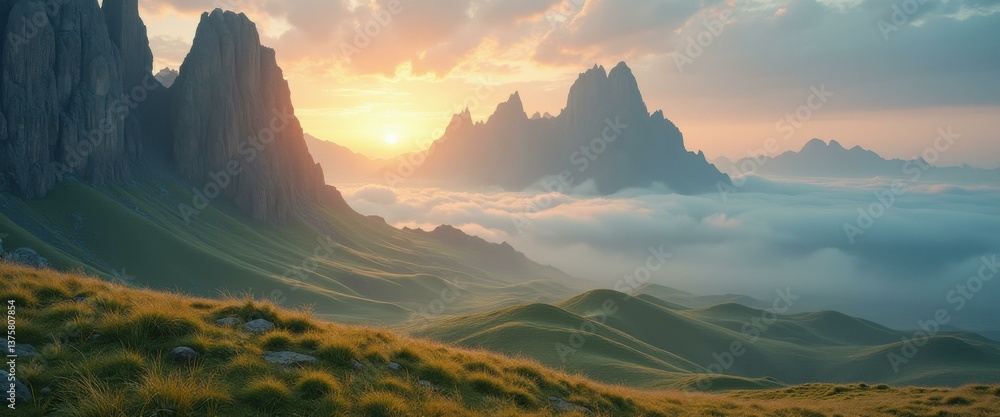 Serene mountain landscape featuring rolling green hills, towering rock formations, and a golden sunset piercing through a sea of clouds.