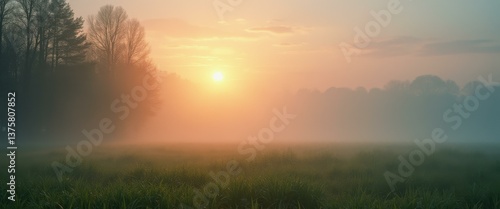 Fototapeta Naklejka Na Ścianę i Meble -  Misty Meadow Sunrise: A Tranquil Landscape with Lush Green Grass and Silhouetted Trees Bathed in Golden Light