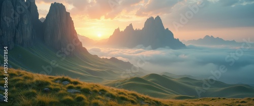 Serene mountain landscape featuring rolling green hills, towering rock formations, and a golden sunset piercing through a sea of clouds.