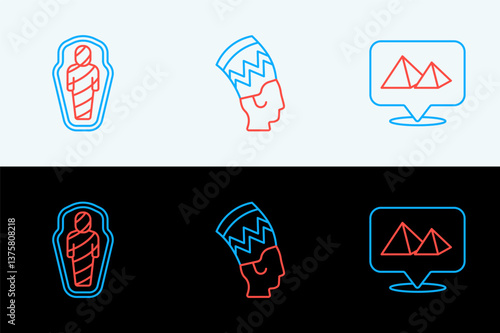 Set line Egypt pyramids, mummy in sarcophagus and Nefertiti icon. Vector