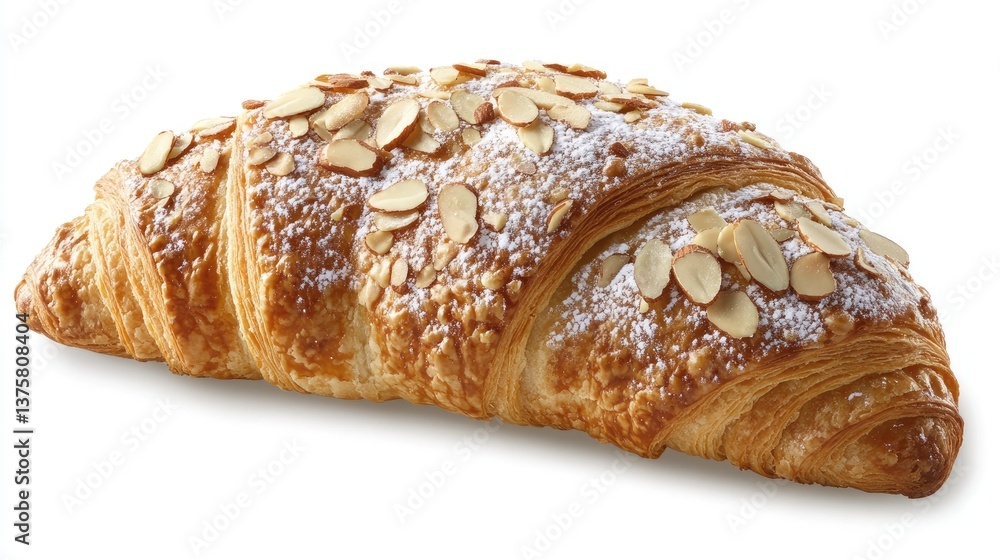 A freshly baked almond croissant, dusted with powdered sugar and sliced almonds A freshly baked almond croissant, dusted with powdered sugar and sliced almonds