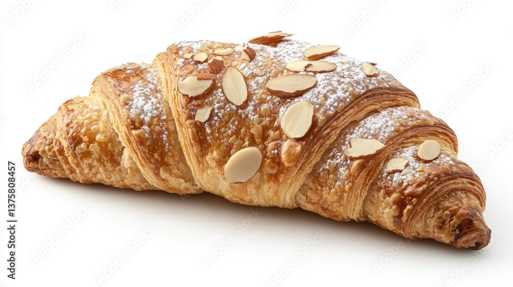 A freshly baked almond croissant, dusted with powdered sugar and sliced almonds A freshly baked almond croissant, dusted with powdered sugar and sliced almonds