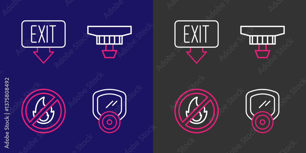 Set line Gas mask, No fire, Smoke alarm system and Fire exit icon. Vector Set line Gas mask, No fire, Smoke alarm system and Fire exit icon. Vector