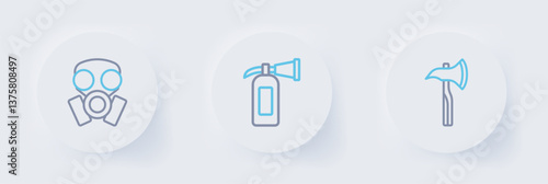 Set line Firefighter axe, extinguisher and Gas mask icon. Vector