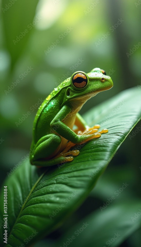 Obraz premium Exotic Green Tree Frog on Leaf in Rainforest, Detailed Macro Close-Up