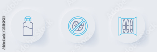 Set line Cigar, No tobacco leaf and Vape liquid bottle icon. Vector