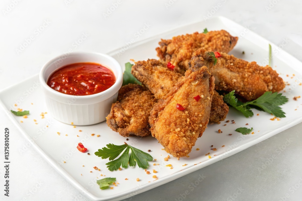 Crispy fried chicken wings with spicy red chili sauce, crunchy golden breading, delicious appetizer on a white plate, close-up food photography Crispy fried chicken wings with spicy red chili sauce, crunchy golden breading, delicious appetizer on a white plate, close-up food photography