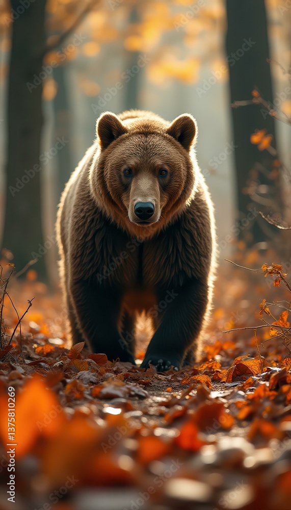 Fototapeta premium Brown bear walking through the autumn forest, illuminated by sunlight, with leaves scattered on the ground.