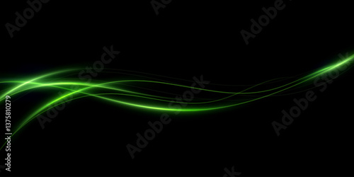 Green speed lines, light in motion, glowing light trails with sparkles. Vector decor wind.