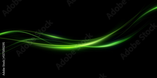 Green speed lines, light in motion, glowing light trails with sparkles. Vector decor wind.