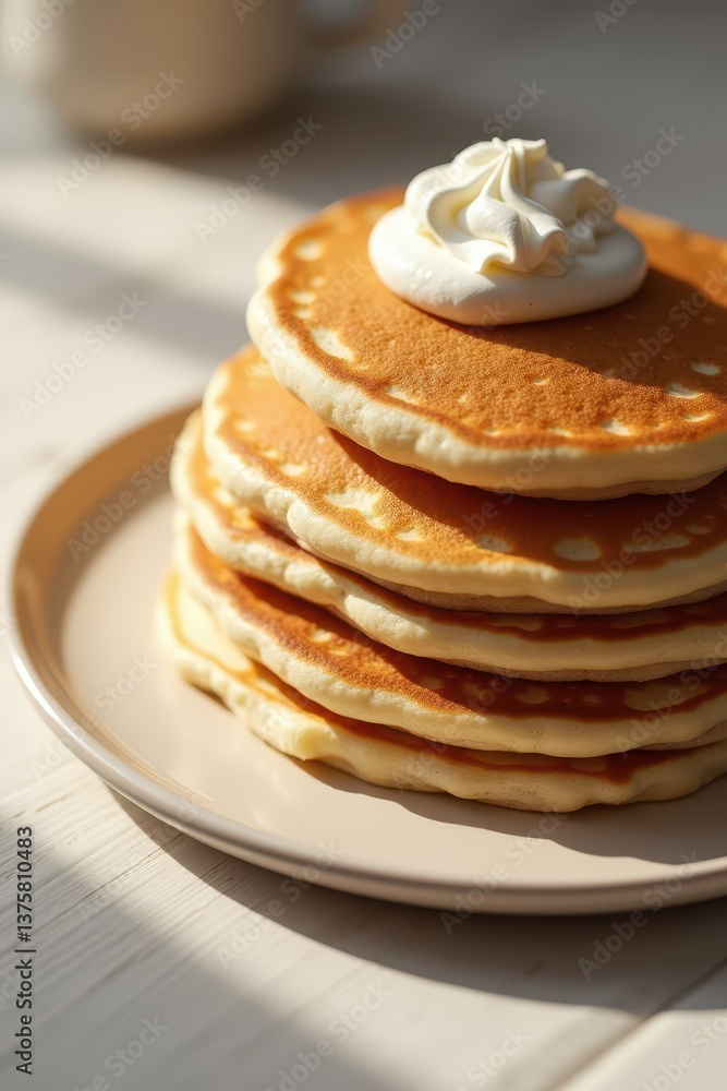 Stack of fluffy pancakes with whipped cream in warm morning light