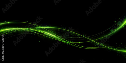 Green speed lines, light in motion, glowing light trails with sparkles. Vector decor wind.
