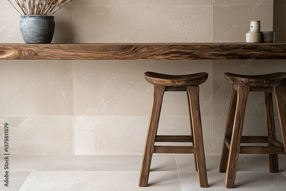 Natural wood stools and wooden countertop complement soft taupe porcelain tiles, creating warm and inviting atmosphere in modern interior space