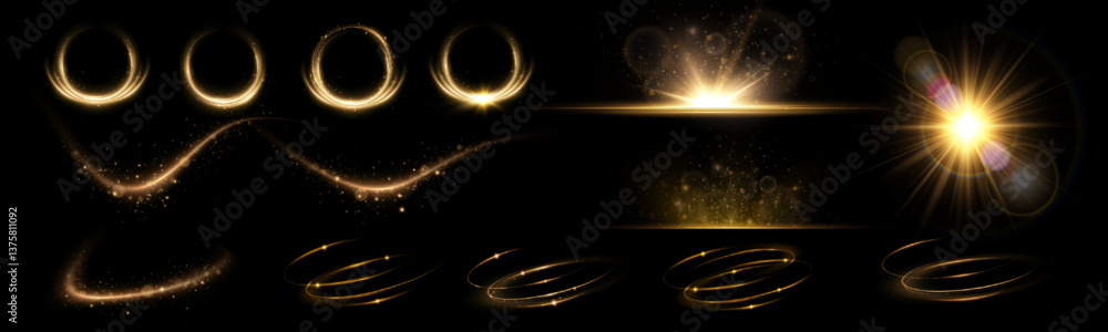 Obraz premium Sparkling swirl with a flash of glitter. Sparkling trace. Round frames, sun. Golden neon wavy swirl. Glowing spiral lines effect. Curved linear light. Rotating shining speed waves.