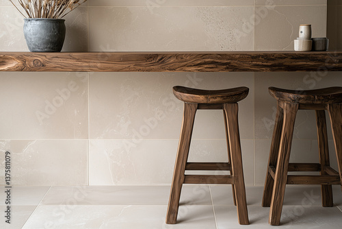 Obraz na płótnie Natural wood stools and wooden countertop complement soft taupe porcelain tiles, creating warm and inviting atmosphere in modern interior space w salonie