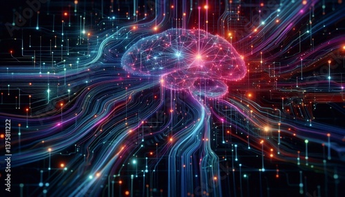 Concept: "Illustration of the concept of artificial intelligence, neural network, futuristic style, neon colors, for technology and science publications."