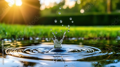 Wallpaper Mural Stunning Water Drop Impact in a Peaceful Green Park at Sunset Ripples and Splash Create a Serene Nature Scene Torontodigital.ca