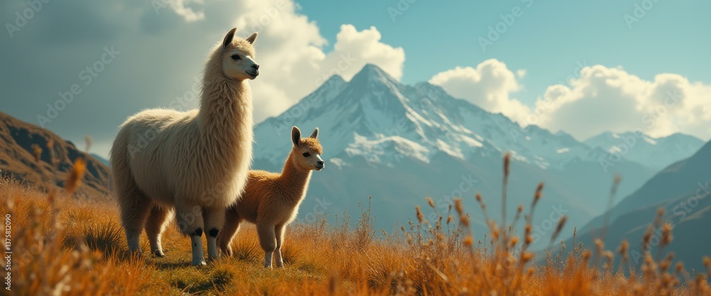 Fototapeta premium Alpaca Family in Andean Mountains: A Cinematic Portrait of Wildlife in a Natural Setting