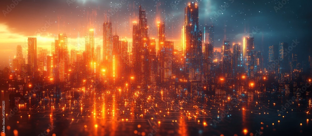 Fototapeta premium Futuristic Cityscape, Orange Glow, Night Sky