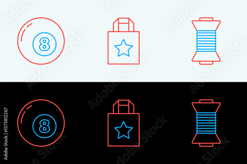 Set line Sewing thread on spool, Billiard snooker ball and Paper shopping bag icon. Vector
