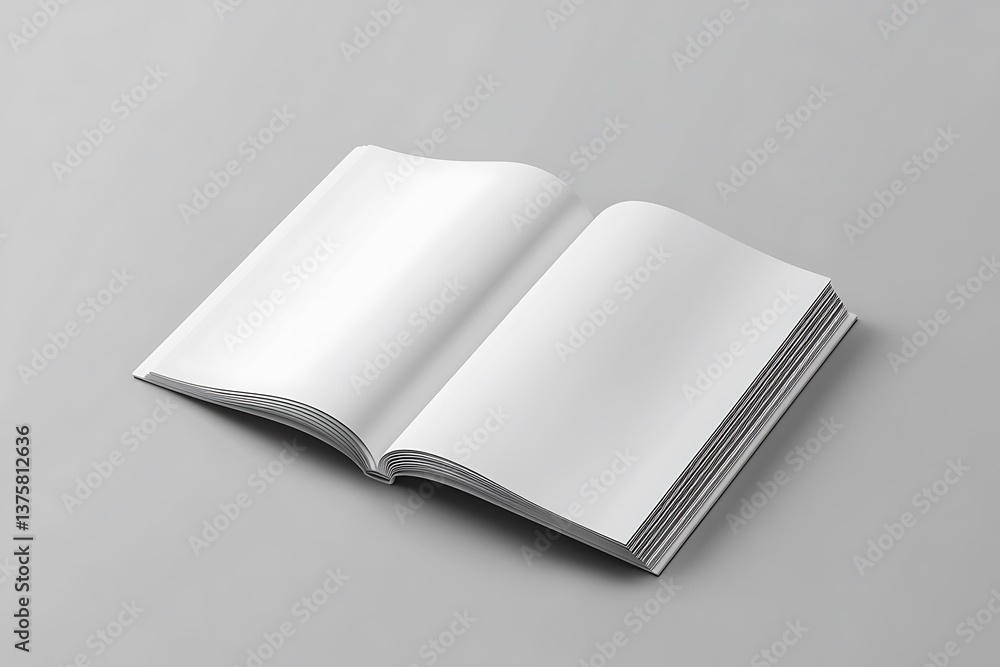 Open Magazine on Gray Surface displaying Blank White Pages for custom Layout Open Magazine on Gray Surface displaying Blank White Pages for custom Layout