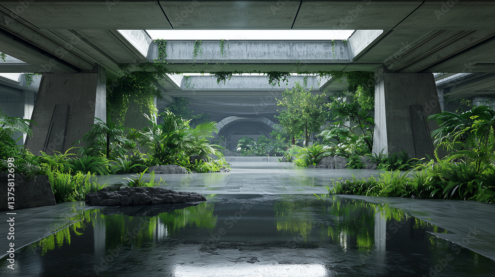 Abandoned concrete structure overgrown with lush tropical vegetation and reflections on wet floor, post apocalyptic feel. Abandoned concrete structure overgrown with lush tropical vegetation and reflections on wet floor, post apocalyptic feel.