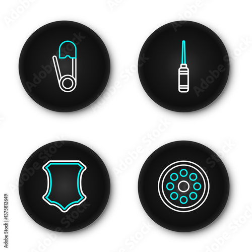 Set line Sewing button, Leather, Awl tool and Safety pin icon. Vector