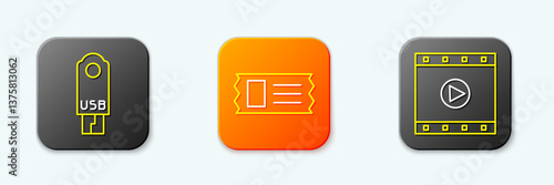 Set line USB flash drive, Cinema ticket and Play Video icon. Vector