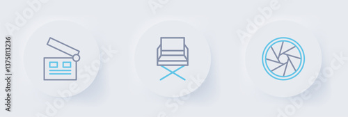 Set line Camera shutter, Director movie chair and Movie clapper icon. Vector