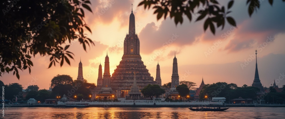 Obraz premium Ancient Temple at Dusk, Golden Hour Light, Spiritual, Cultural Landmark, Riverside, Southeast Asia, Tranquil Waters, Boat, Peacefu