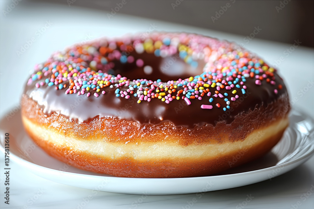 Close-up of a fresh donut topped with glossy chocolate glaze and colorful rainbow sprinkles, served on a white plate. Close-up of a fresh donut topped with glossy chocolate glaze and colorful rainbow sprinkles, served on a white plate.